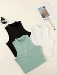 3 Pack Solid Color Mock Neck Tops Casual Sleeveless Tops For Summer & Spring Women's Clothing