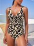 Allover Print Backless Boho Style Ruched One-piece Swimsuit Neck High Stretch Elegant Drawstring Side Bathing Suits Women's Swimwear & Clothing