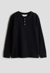 Waffled Jersey Henley Top - Black