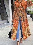 Plant Print Button Front Tunics Casual Long Sleeve Top For Spring & Fall Women's Clothing