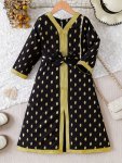 Ramadan Girl's Abaya Dress Splicing V Neck Strapped Kaftan Hijab Dresses For Party Ramadan