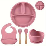 5PCS Set Baby Silicone Tableware Fork Spoon Wooden Handle Silicone Bowl Divided Plate And Waterproof Bib Easy To Wash Household