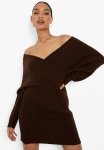 Off The Shoulder Rib Knit Dress - Chocolate