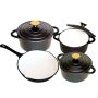 Pot Set 7 Piece Cast Iron Grooved Lid Black With Gold Knobs