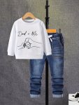 Children's Casual Outfit Set 2-PIECE Set Long Sleeve Shirt And Pants Alphabet Print Relaxed Fit Suitable For Boys Aged 12 And Be