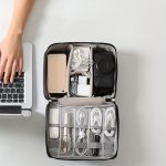 Travel Electronics Organizer Bag - Waterproof Portable Storage For Cables Chargers Power Banks Adapters & More - Durable Linen M