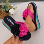 Women's Contrast Color Flip Flops Platform Slip On Floral Decor Vacation Slides Non-slip Wedge Beach Slides