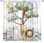 Fblifil Jungle Animal Curtain For Kids Giraffe Elephant Lion Zebra Safari Wildlife Zoo Tree Cute Cratoon Boys Girls Printed Rod