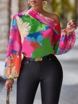 Floral Print Slant Shoulder Blouse Elegant Lantern Sleeve Asymmetrical Blouse For Spring & Fall Women's Clothing