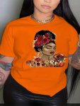 Plus Size Casual T-Shirt Women's Plus Cartoon Figure & Floral & Letter Print Short Sleeve Round Neck Medium Stretch T-Shirt