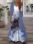 Elegant Loose Two-piece Dress Set Solid Short Sleeve Open Front Crop Top & Floral Print Sleeveless V Neck Cami Dress Outfits Wom