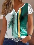 Floral Print Notched Neck T-Shirt Casual Lace Sleeve Top For Spring & Summer Women's Clothing