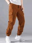 Trendy Solid Cargo Pants Men's Multi Flap Pocket Drawstring Trousers Loose Casual Outdoor Pants Men's Work Pants Outdoors Street