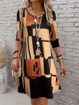 Allover Print Crew Neck Dress Casual Long Sleeve Dress For Spring & Fall Women's Clothing