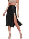 Verdusa Women's Satin Split Thigh High Waist Swing Midi Skirt Satin Black S