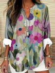 Plus Size Floral Print T-Shirt Casual Long Sleeve Notched Neck Top For Spring & Fall Women's Plus Size Clothing