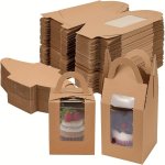 50PCS Cupcake Boxes Brown Kraft Paper Individual Cupcake Box Holder Container With Window And Handles Bulk Bakery Pastry Wrappin