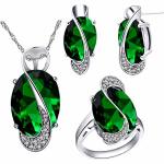 Uloveido Women's Oval Shape Simulated Green Topaz Silver Chain Necklace Stud Drop Earrings Rings Pretty Bridal Jewelry Set Green