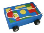 Wooden Trolley With Handle Plus 36 X Colored Blocks - Blue Trolley With Rope As Handle