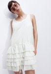Raw-edge Tiered-skirt Dress - Cream