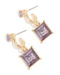 Goldair Gold Square Purple Diamante Drop Earrings