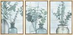 WALL26 Framed Canvas Print Wall Art Set Green Forest Leaves In Teal Bottle Vases Floral Wilderness Watercolor Modern Art Chic Gr