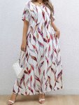 Plus Size Plant Print Loose Dress Vacation Short Sleeve Dress For Spring & Summer Women's Plus Size Clothing