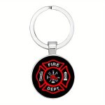 1PC Firefighter Keychain Black And Red Logo Classic Round Glass Key Chain Gift For Him Or Her Jewelry
