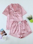 Women's Solid Satin Casual Pajama Set Short Sleeve Buttons Lapel Top & Shorts Comfortable Relaxed Fit