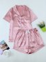 Women's Solid Satin Casual Pajama Set Short Sleeve Buttons Lapel Top & Shorts Comfortable Relaxed Fit