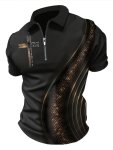 Men's Trendy Geometric Line & Cross Print Short Sleeve Zip Up Lapel Shirt For Summer Daily