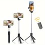 360 Rotatable Integrated Selfie Stick Tripod With Durable Phone Holder Wireless Remote Control For Selfie Video Recording Photos Live Streaming - Battery Powered Button