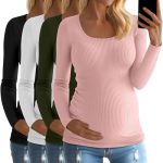 Huukeay 4 Pack Women's Cotton Maternity Tops Long Sleeve Ribbed Side Ruched Scoop Neck Shirts Casual Mama Pregnancy Clothes Blac