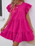 Solid Crew Neck Tiered Dress Casual Flutter Sleeve Loose Dress For Spring & Summer Women's Clothing