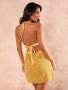 Glamine Women's Mustard Yellow Sequin Metal Decor Hollow Out Backless Halter Neck Dress Summer 70'S Club Night Party Disco Fashion Vacation Dress