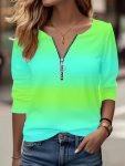 Ombre Color Zipped T-Shirt Stylish Long Sleeve T-Shirt For Spring & Fall Women's Clothing