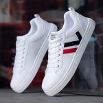 Men's Preppy Casual Sports Fashion Sneakers - Solid Color With Stripes Comfortable Non-slip Low Top Lace-up Shoes For Running Daily Wear All Seasons