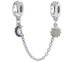 Blue Rhinestone Crescent Moon & Silver Flower Chain Charm