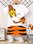 2PCS SET Baby Boys Cute Tiger Cartoon 3D Graphic T-Shirt & Shorts Set Casual Clothes For Summer