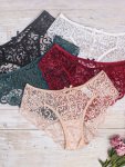 5PCS Floral Lace Bow Tie Briefs Low Waist Semi-sheer Scallop Trim Panties Women's Lingerie & Underwear