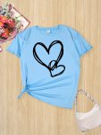 Women's Casual Heart Print T-Shirt - Crew Neck Short Sleeve Stretchy Polyester Blend Machine Washable - Perfect For Summer & Spo