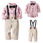 Beige Pants With Striped Shirt And Suspenders
