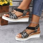 Women's Striped Pattern Wedge Heeled Sandals Casual Open Toe Platform Shoes Comfortable Ankle Strap Sandals