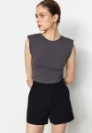 Padded Fitted situated Crew Neck Crop Flexible Knitted Blouse - Anthracite