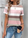 Multicolor Striped Short Sleeve T-Shirt Casual Crew Neck Top For Spring & Summer Women's Clothing