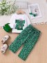 2PCS Girl's Green Floral Bow Portrait Graphic Long-sleeve Tee + Pants - Ideal For Casual Outings Spring & Fall Clothes As Gift