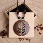 1PC Retro Owl Rose Elephant Pattern Wood Pendant Long Necklace