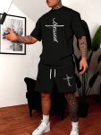 Blessed Letter Print Men's Two-piece Set Casual Crew Neck Short Sleeve T-Shirt & Drawstring Shorts With Pocket Cool Comfortable