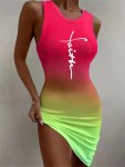 Letter Print Crew Neck Tank Dress Casual Sleeveless Bodycon Tank Dress For Spring & Summer Women's Clothing