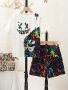2pcs Boys Casual Colorful Splash Ink Smiling Face 3D Graphic Print Short Sleeve T-shirt & Shorts Set Comfy Summer Boys Clothes